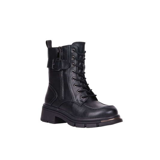 Pu Leather Lace-Up Combat Half Boots – Black (SR-3479)
