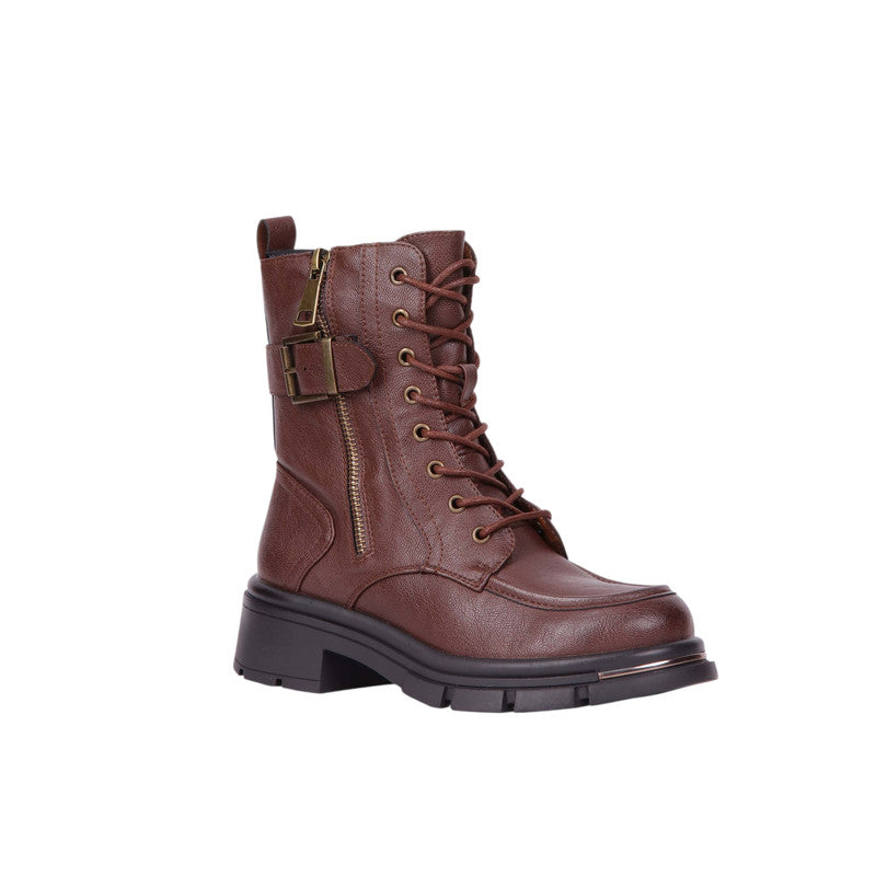 Pu Leather Lace-Up Combat Half Boots – Brown (SR-3479)