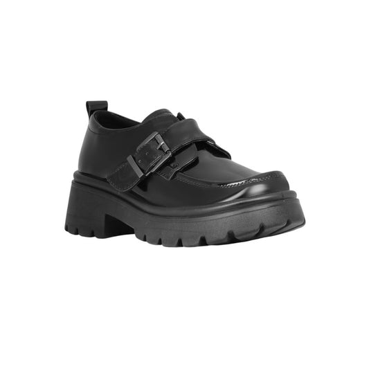 PU Leather Patent Buckle Strap Chunky Loafers - Black