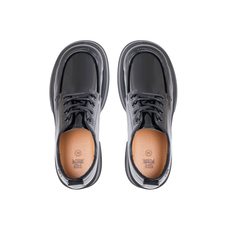 PU Leather Patent Lace-Up Chunky Shoes - Black