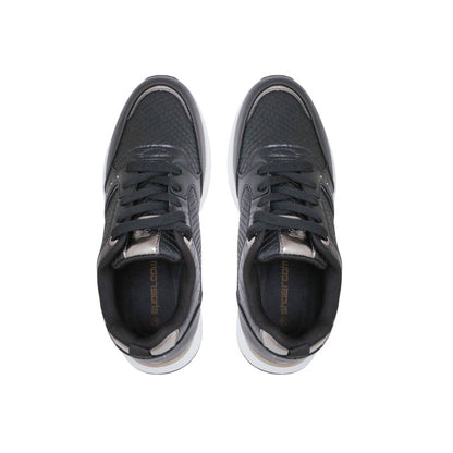 PU Leather Studded Snake-Pattern Sneakers - Black