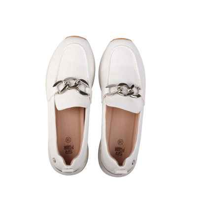 Pu Leather Chain Detail Loafers – White (SR-3544)
