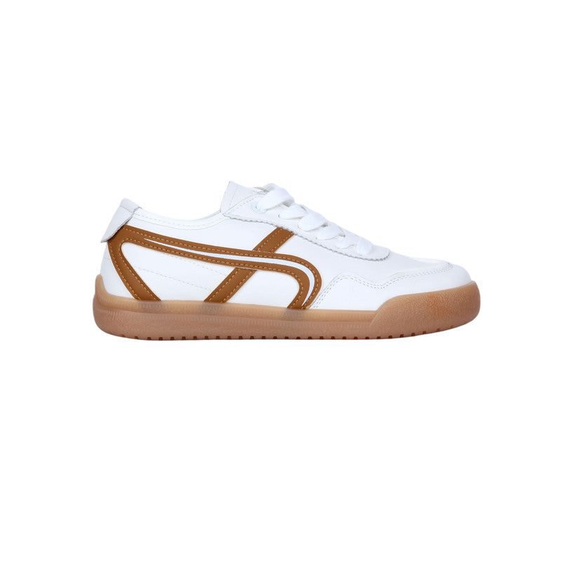 PU Leather Contrast Trim Sneakers - White & Camel