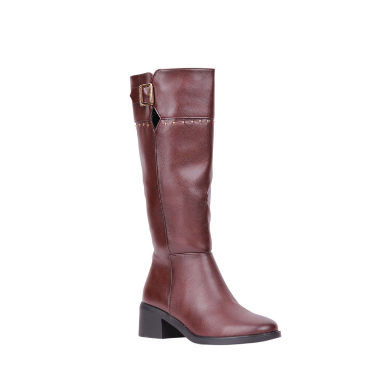 Pu Leather Studded Knee-High Boots – Burgundy (SR-3552)