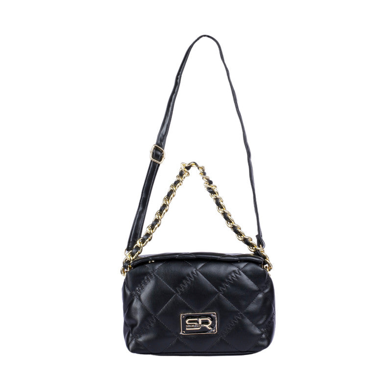 Faux Leather Quilted Chain Shoulder Bag - Black
