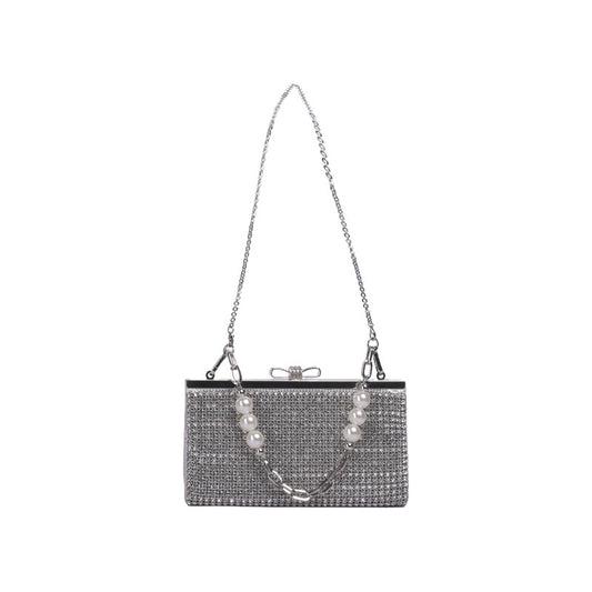 Faux Leather Metallic Chain & Pearl Accent Shoulder Bag - Silver