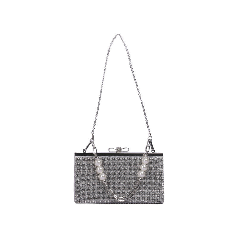 Faux Leather Metallic Chain & Pearl Accent Shoulder Bag - Silver