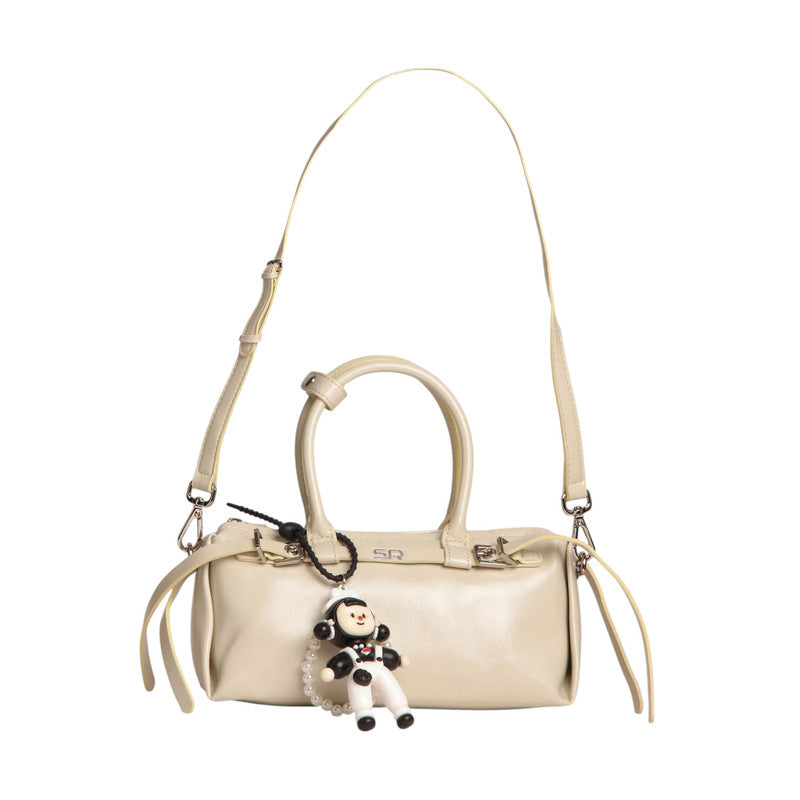 Faux Leather Barrel Shoulder Bag with Charm - Beige