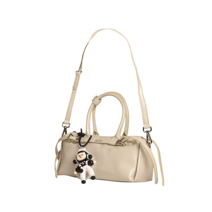 Faux Leather Barrel Shoulder Bag with Charm - Beige