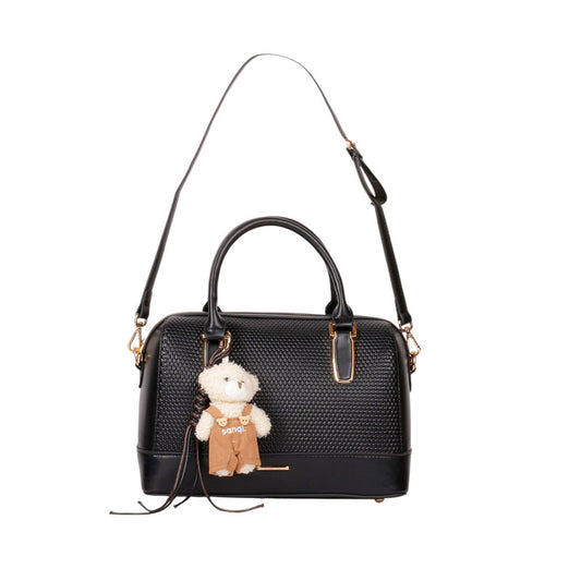 Faux Leather Structured Handbag with Teddy Charm - Black