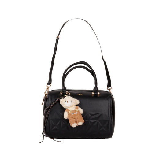 Faux Leather Embossed Handbag with Teddy Charm - Black