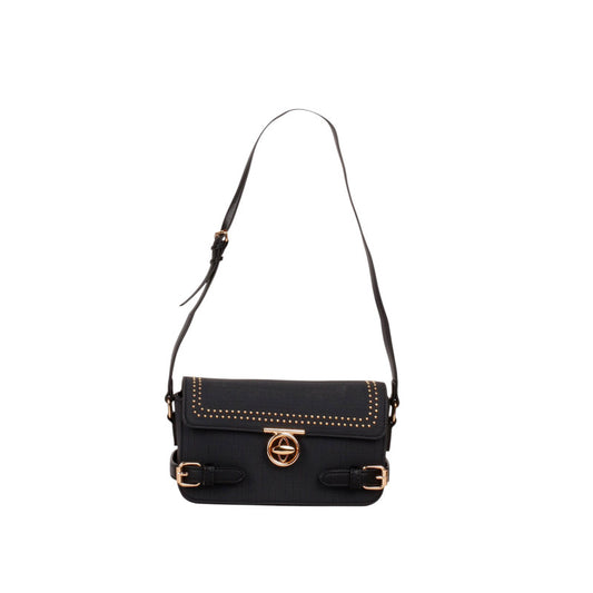 Faux Leather Studded Buckle Shoulder Bag - Black