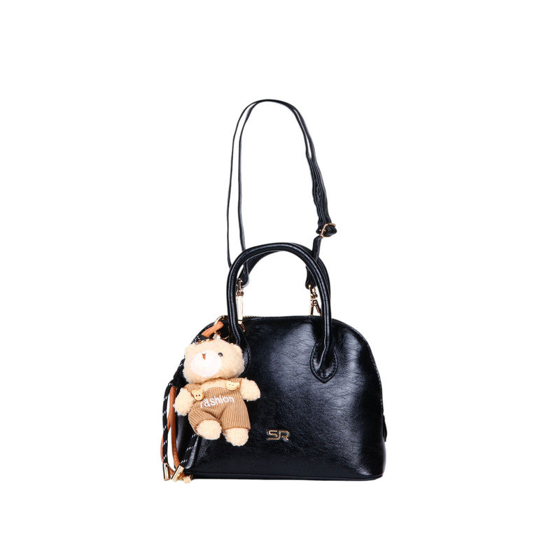 Faux Leather Patent Mini Teddy Charm Handbag - Black