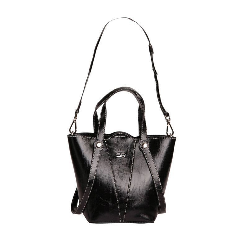Faux Leather Structured Tote Handbag - Black