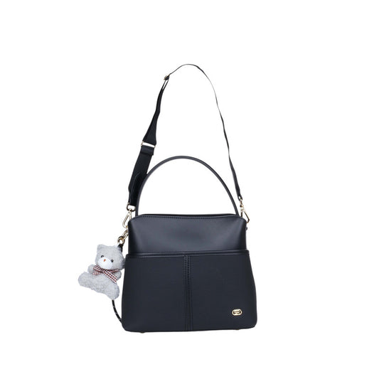 PU Leather Two-Tone Handbag with Teddy Charm – Black