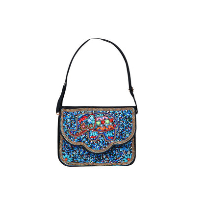 Hand-Beaded Elephant Motif Shoulder Bag - Blue