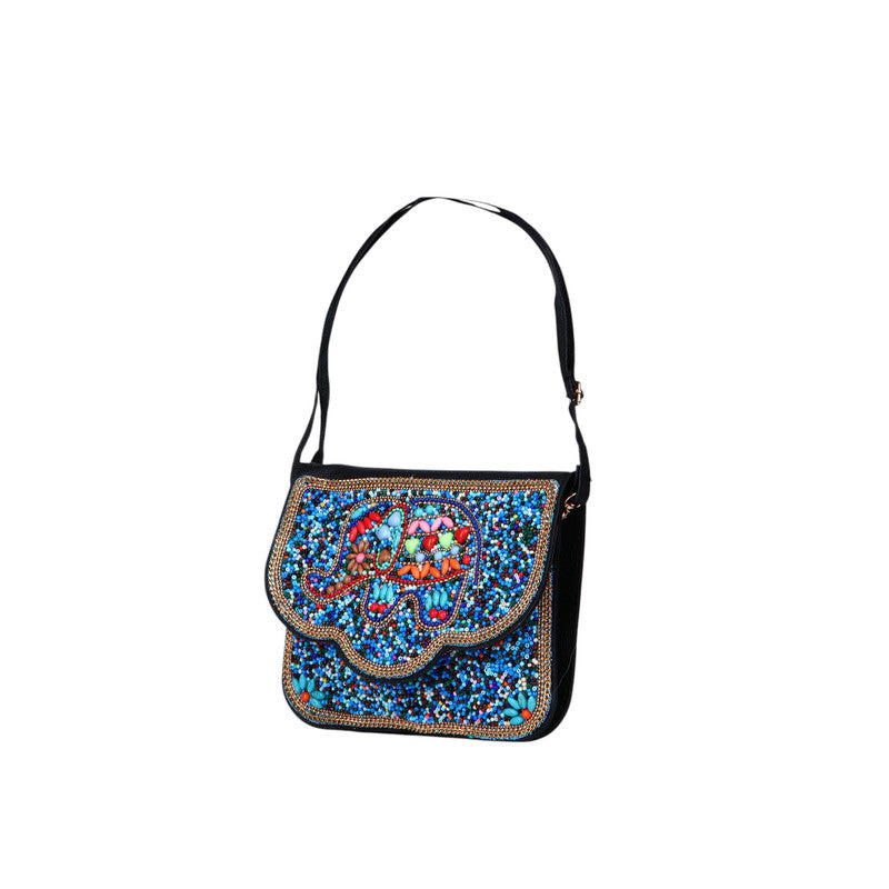 Hand-Beaded Elephant Motif Shoulder Bag - Blue