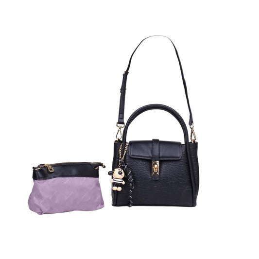 Textured PU Leather Two-Piece Handbag Set – Black