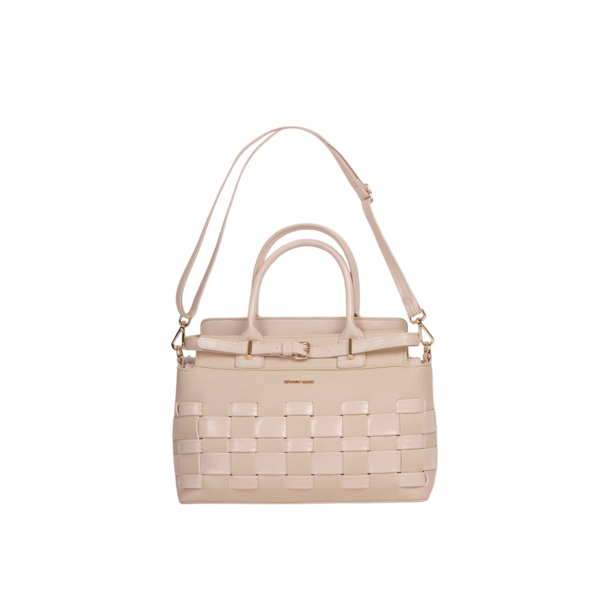 Woven Detail Structured Handbag - Beige