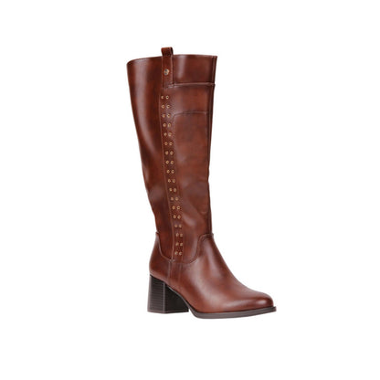 Pu Leather Studded Tall Boots – Brown (SR-3553)