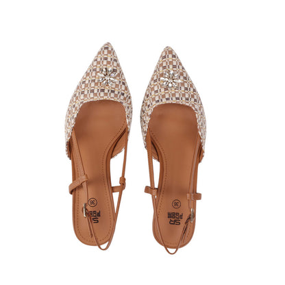 Woven Pattern PU Leather Slingback Heels – Beige (SR-3563)