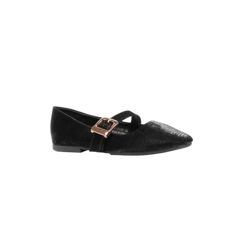 Textured Buckle Strap Ballerinas – Black (SR-3656)