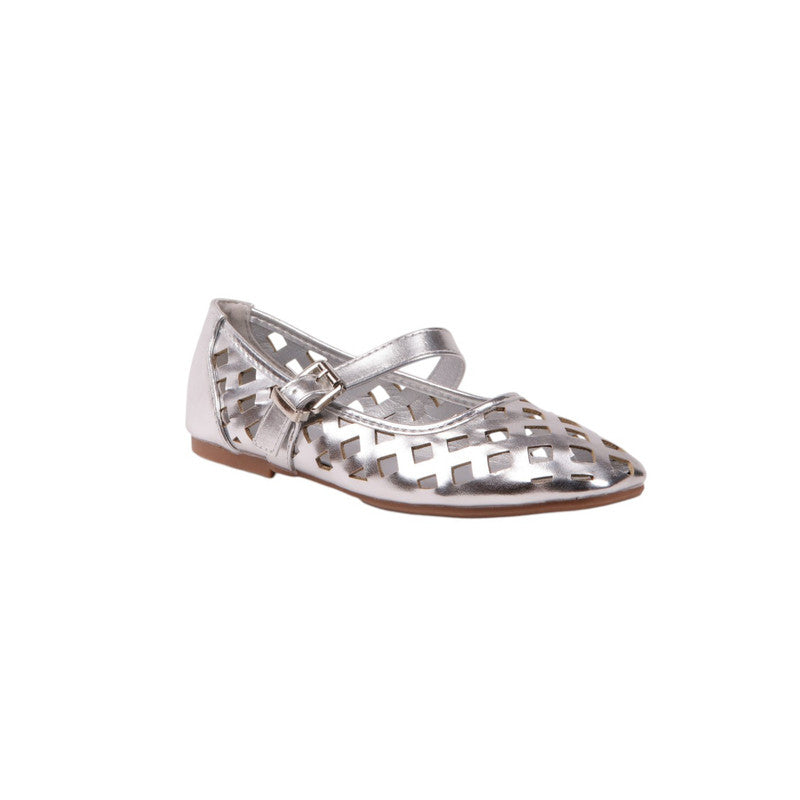 Perforated Buckle Strap Ballerinas – Silver (SR-3657)