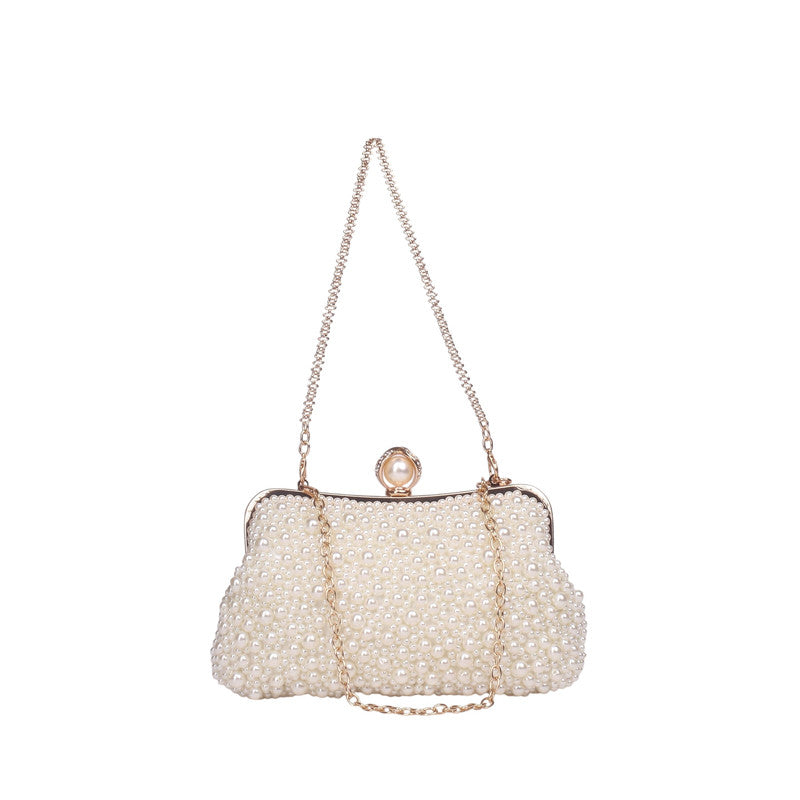 Pearl Embellished Chain Clutch Bag – Beige (SR-B2037)
