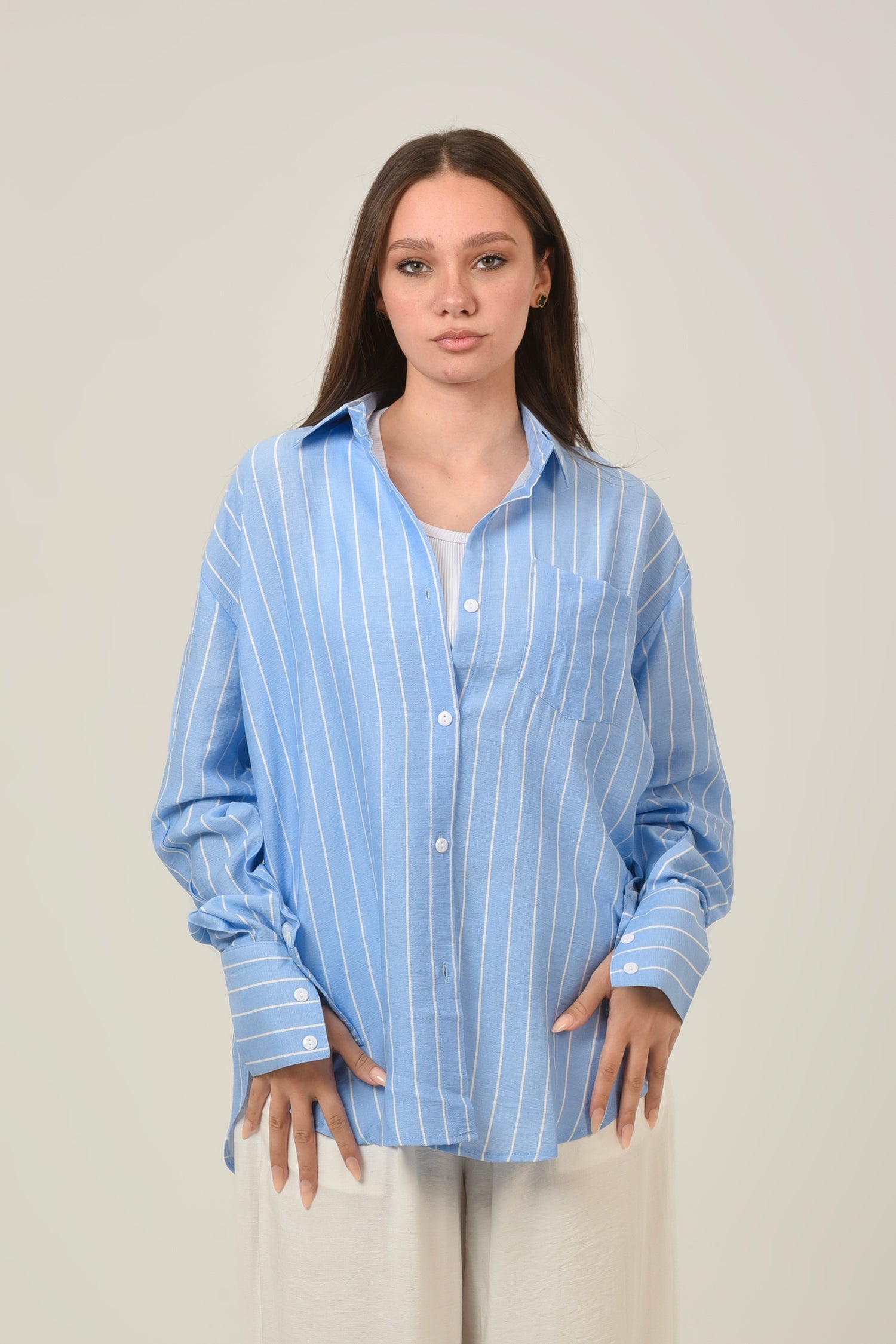 Linen Oversized Loose Fit Striped Shirt - Sky Blue