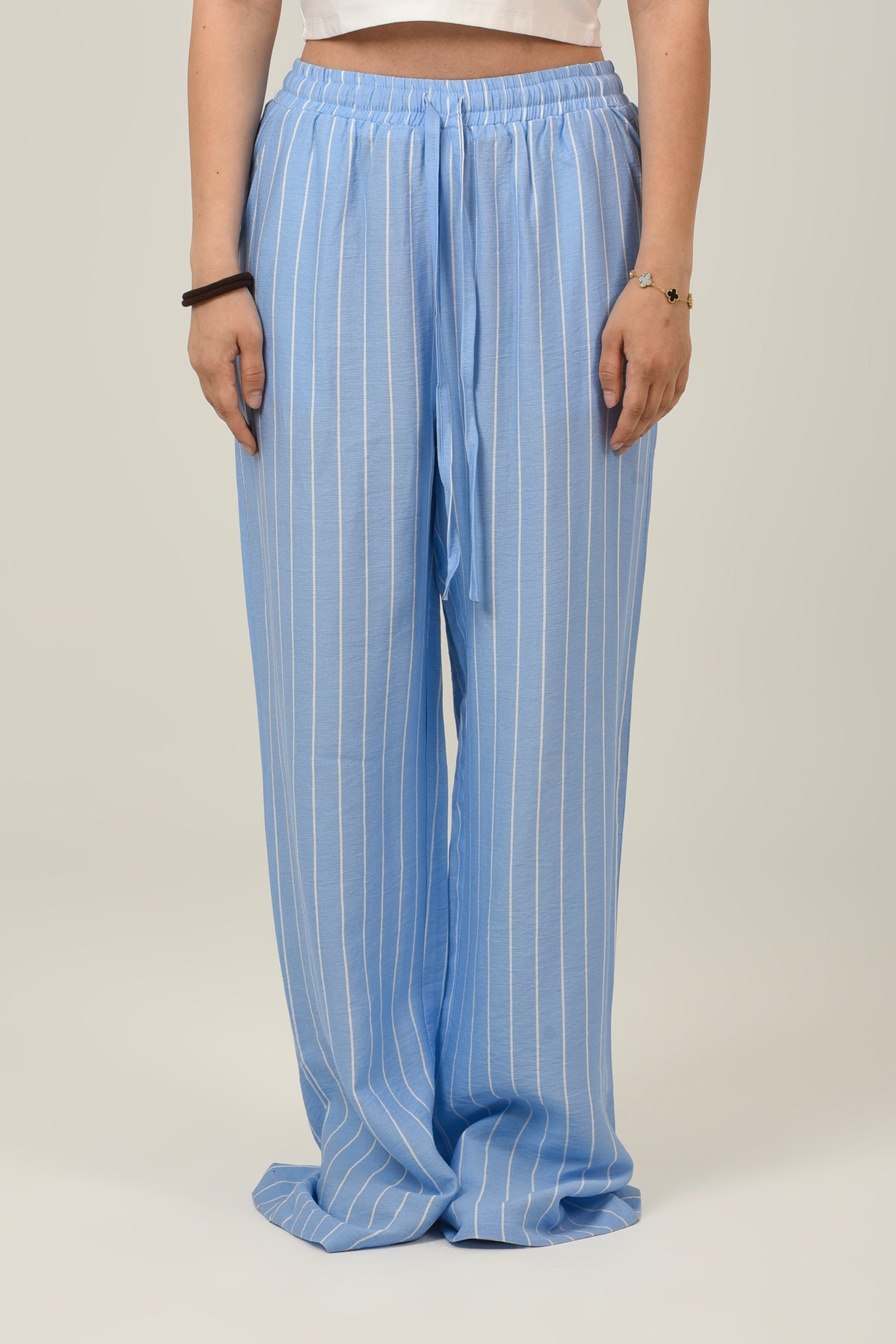 Linen Loose Striped High Waist Pants - Sky Blue