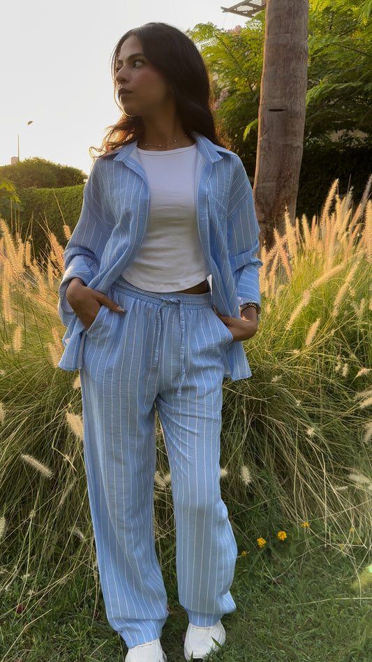Linen Shirt & Pant Striped Set - Sky Blue