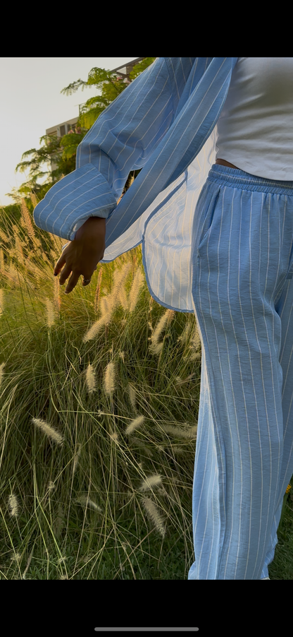 Linen Shirt & Pant Striped Set - Sky Blue