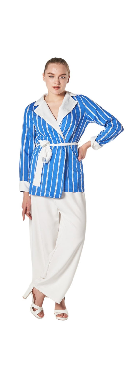 Striped Blazer With Waist Belt