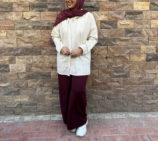 Linen Striped Embroidered Shirt – Beige