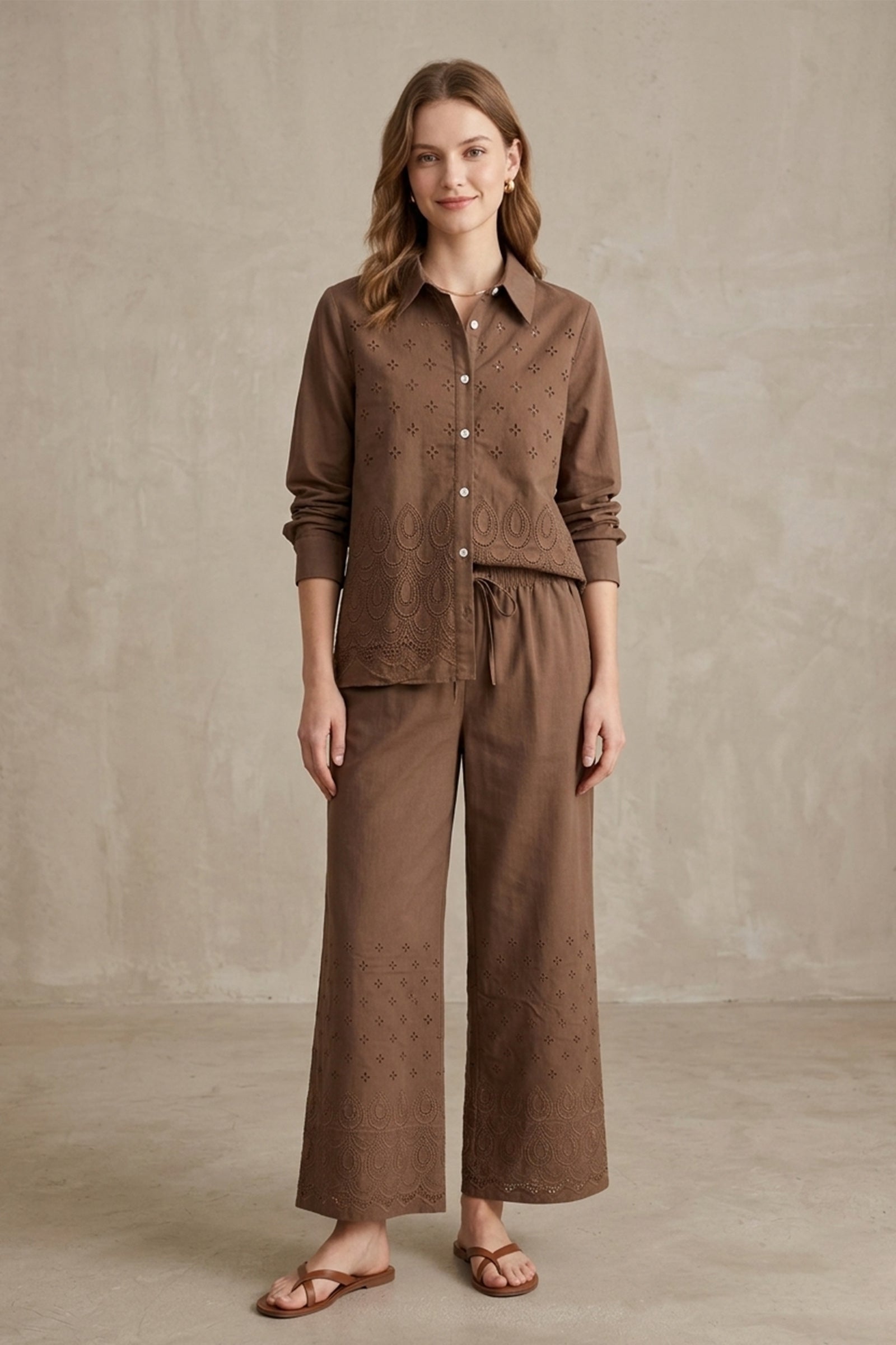 Embroidered Wide Leg Cotton Pants – Brown