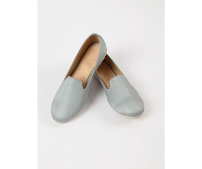 Leather Heel Ballerina Shoes Round Design Matte Satin Fabric