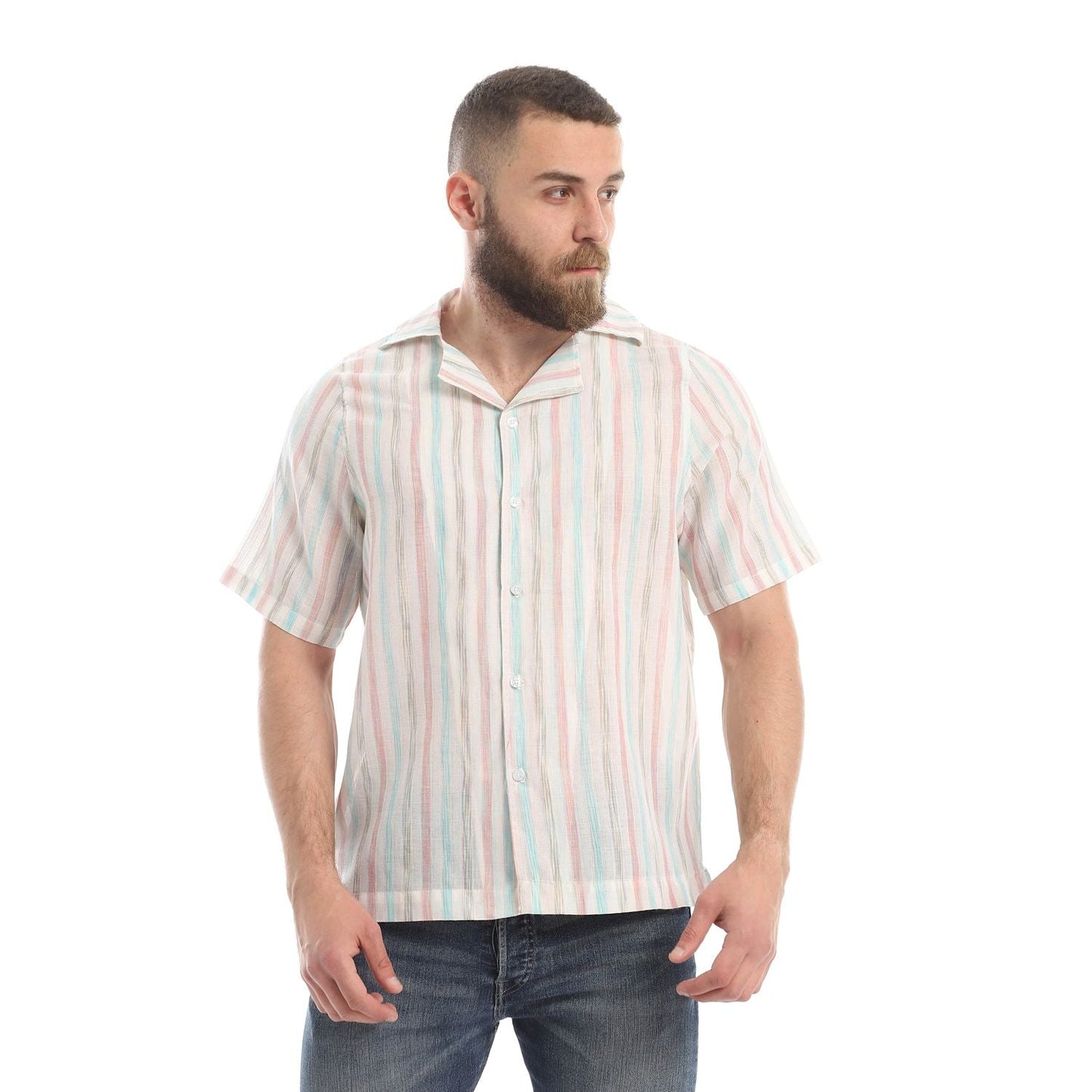 Hawaii Linen Short Sleeved striped Shirts- Navy, Off white - Champsland