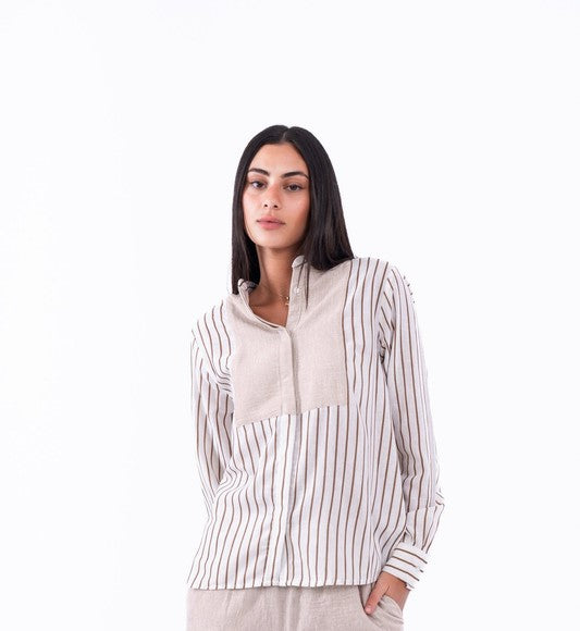 Striped Linen Shirt with V-Neck – White & Beige