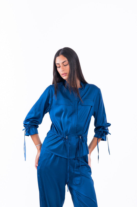 Plain Drawstring Waist Chemise – Navy Blue