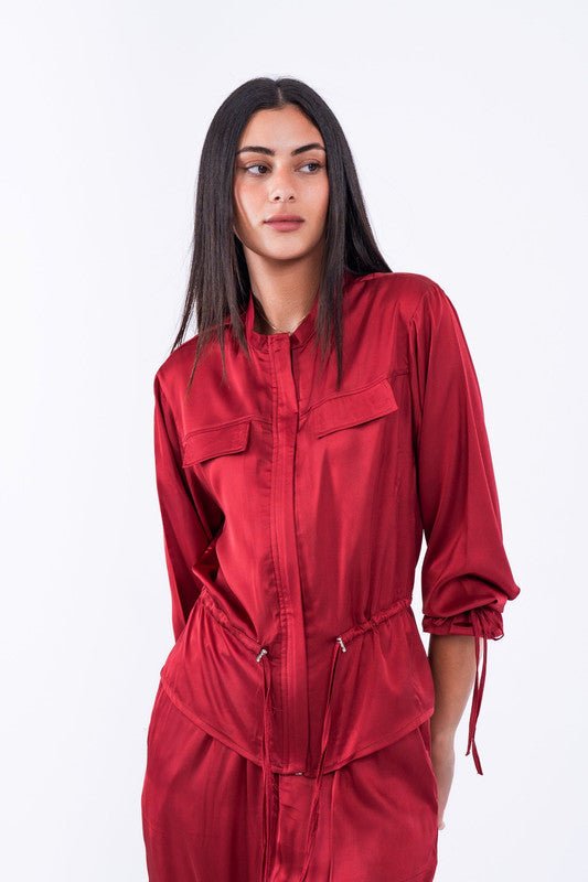 Plain Drawstring Waist Chemise – Wine Red