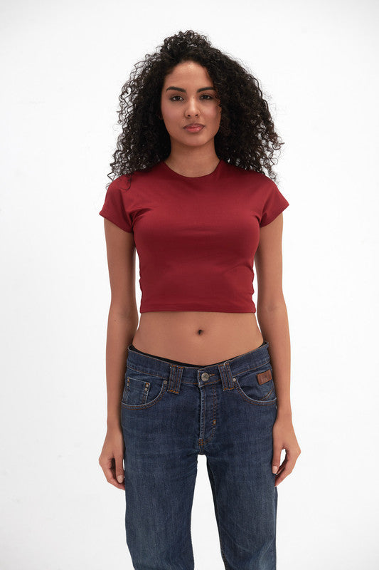 Cotton Cropped Round Neck Top Cap Sleeve - Burgundy