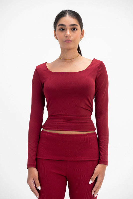 Lycra Seamless Scoop Neck Sculpt Long Sleeve - Burgundy