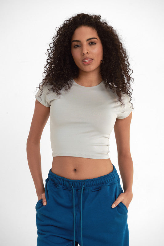 Cotton Cropped Round Neck Top Cap Sleeve - Silver