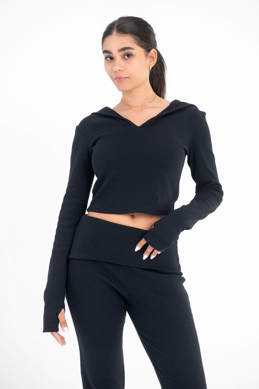 Cotton Ribbed Cropped Hoodie - Black