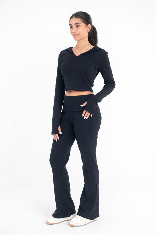 Cotton Ribbed Cropped Hoodie - Black