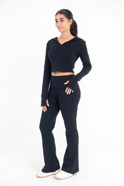 Cotton Ribbed Cropped Hoodie - Black