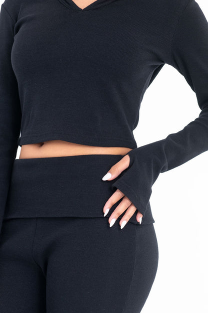 Cotton Ribbed Cropped Hoodie - Black