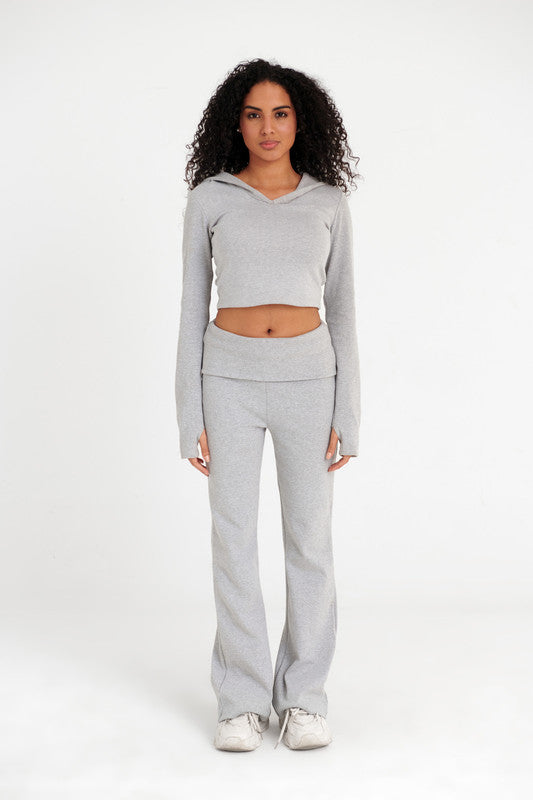 Cotton Ribbed Cropped Hoodie - Silver