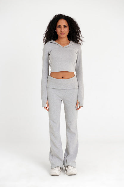 Cotton Ribbed Cropped Hoodie - Silver