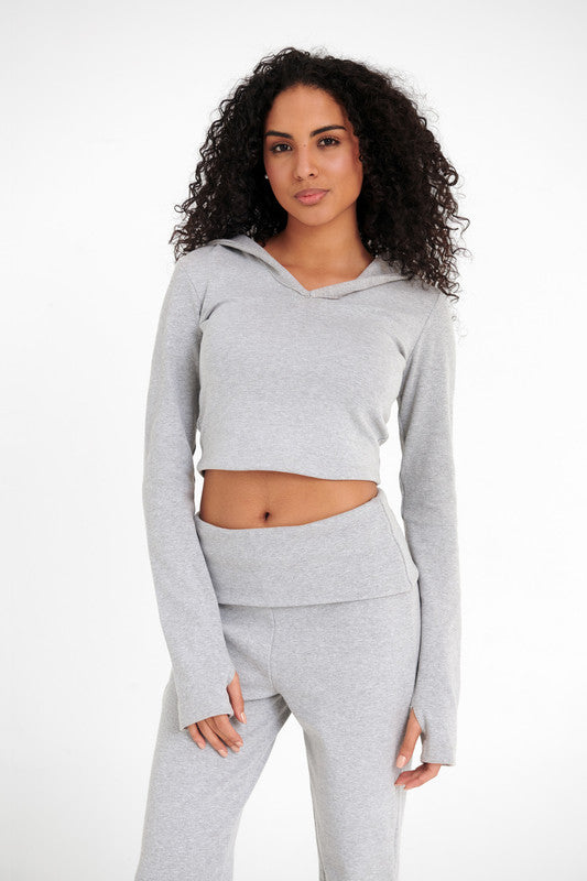 Cotton Ribbed Cropped Hoodie - Silver